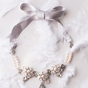 As Seen on Reign/ Pearl Statement Wedding Necklace / Taupe Silver Lace Bib Collar / Bridal Jewelry / Fall Winter Wedding Sonnet image 4