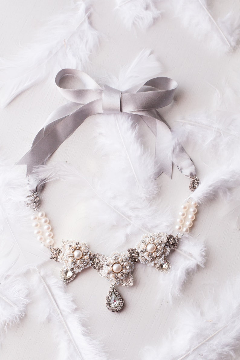As Seen on Reign/ Pearl Statement Wedding Necklace / Taupe Silver Lace Bib Collar / Bridal Jewelry / Fall Winter Wedding Sonnet image 4