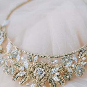 Gold Floral Wedding Tiara Bridgerton-Inspired Bridal Crown Regencycore Headpiece Something Blue Bridal Hair Accessory HYACINTHE image 7