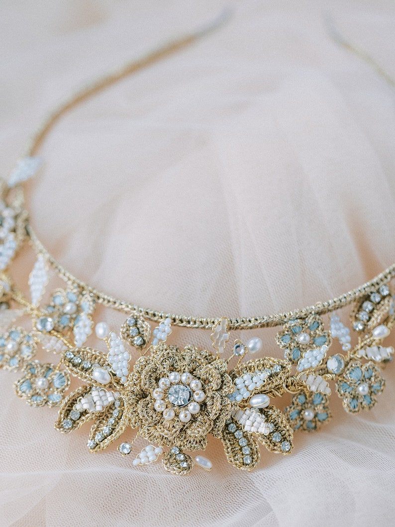 Gold Floral Wedding Tiara Bridgerton-Inspired Bridal Crown Regencycore Headpiece Something Blue Bridal Hair Accessory HYACINTHE image 7