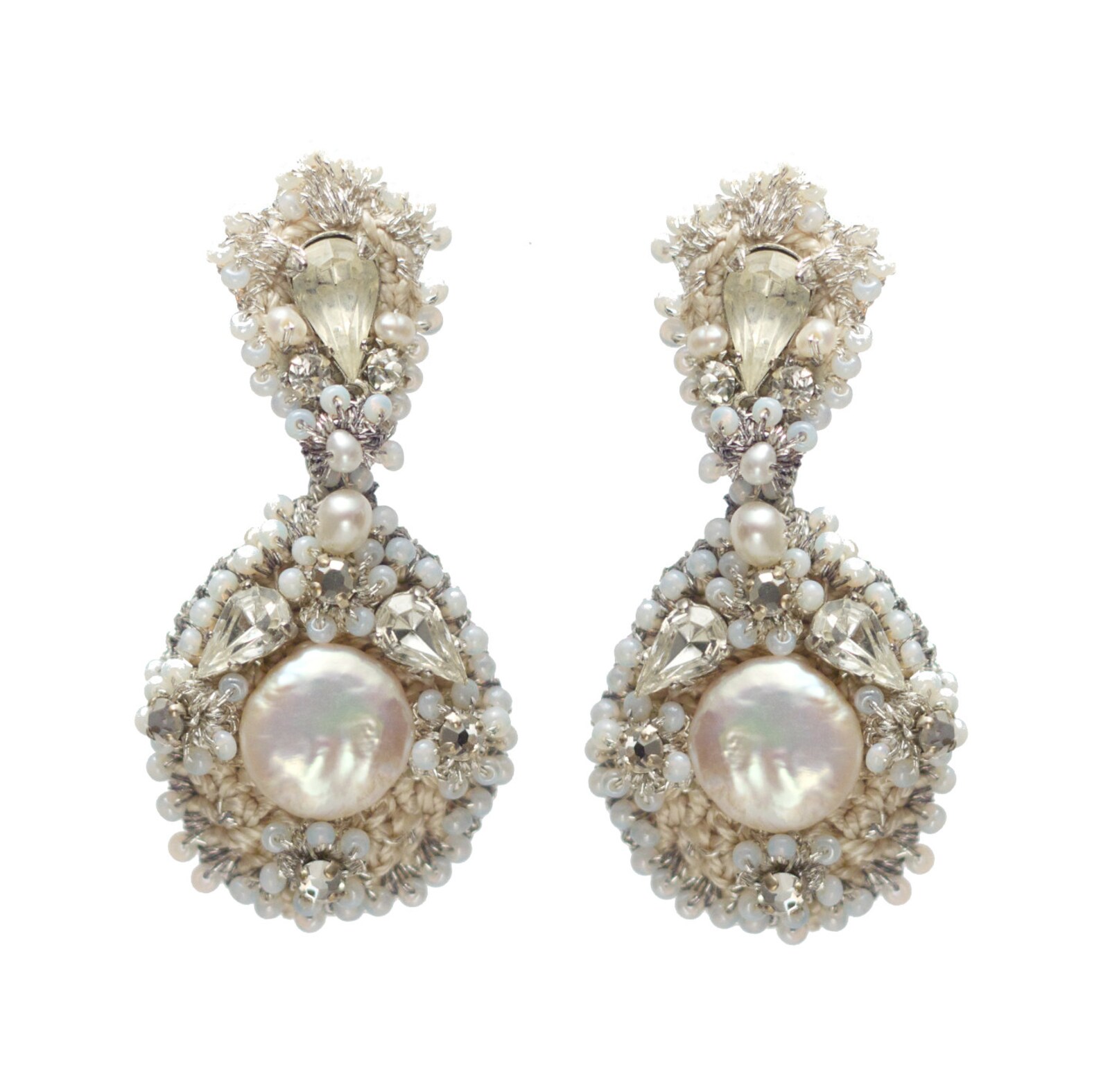 Pearl Crystal Teardrop Wedding Earrings Handcrafted Lace - Etsy