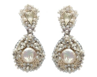 Pearl Crystal Teardrop Wedding Earrings | Handcrafted Lace Bridal Jewelry | Beach Seaside Wedding "Nereid"