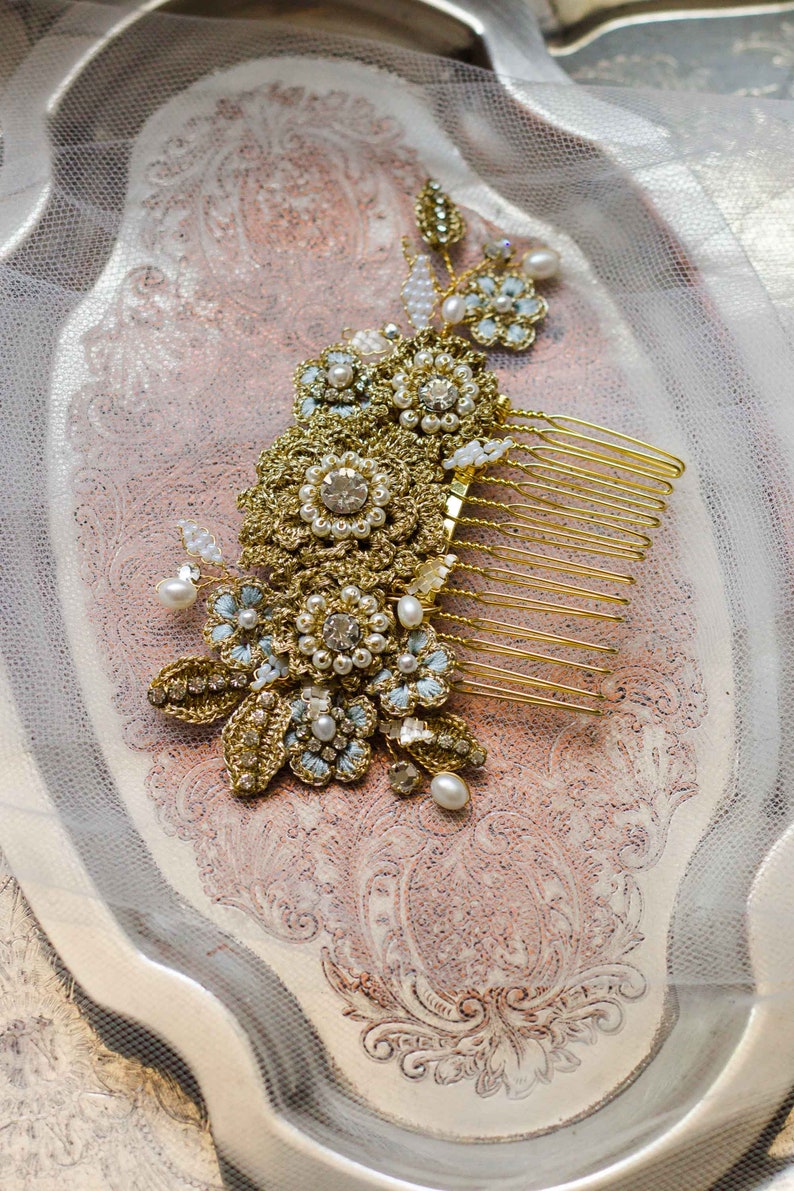 Gold Floral Wedding Comb Lace Bridal Hair Adornment Wedding Headpiece Something Blue Bridal Hair Accessory HYACINTHE image 2