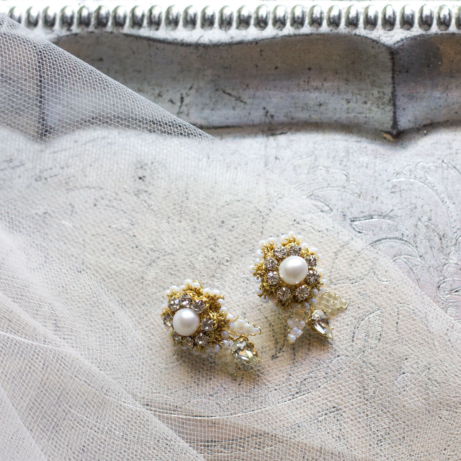 Pearl Crystal Wedding Stud Earrings Gold Climber Earrings - Etsy
