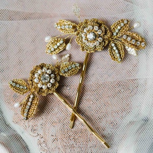 Pearl, Crystal Wedding Flower Hair Pins Gold Lace Floral Bridal Hair Pins Vintage Style Rose, Leaf Wedding Headpiece TRIANON Set of 2
