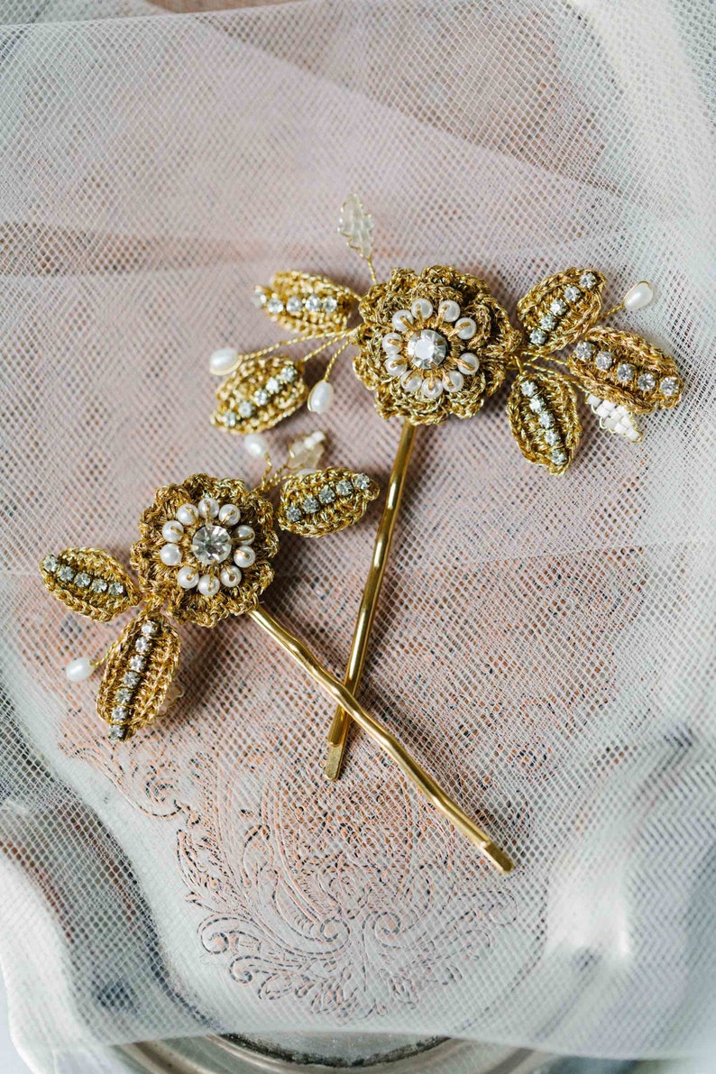 Pearl, Crystal Wedding Flower Hair Pins Gold Lace Floral Bridal Hair Pins Vintage Style Rose, Leaf Wedding Headpiece TRIANON Set of 2