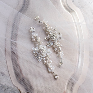As Seen on Reign Long Statement Wedding Earrings Pearl & Crystal Bridal Dangle Drop Earrings Vintage Inspired Delphinium image 1