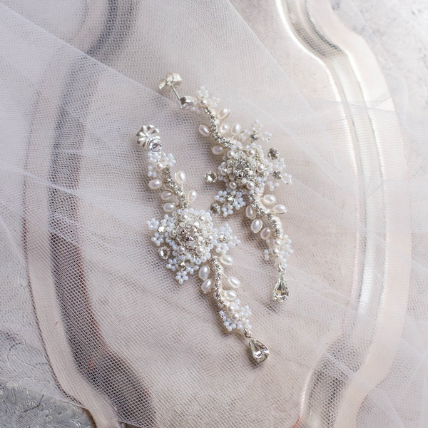 As Seen on Reign | Long Statement Wedding Earrings | Pearl & Crystal Bridal Dangle Drop Earrings | Vintage Inspired | "Delphinium"