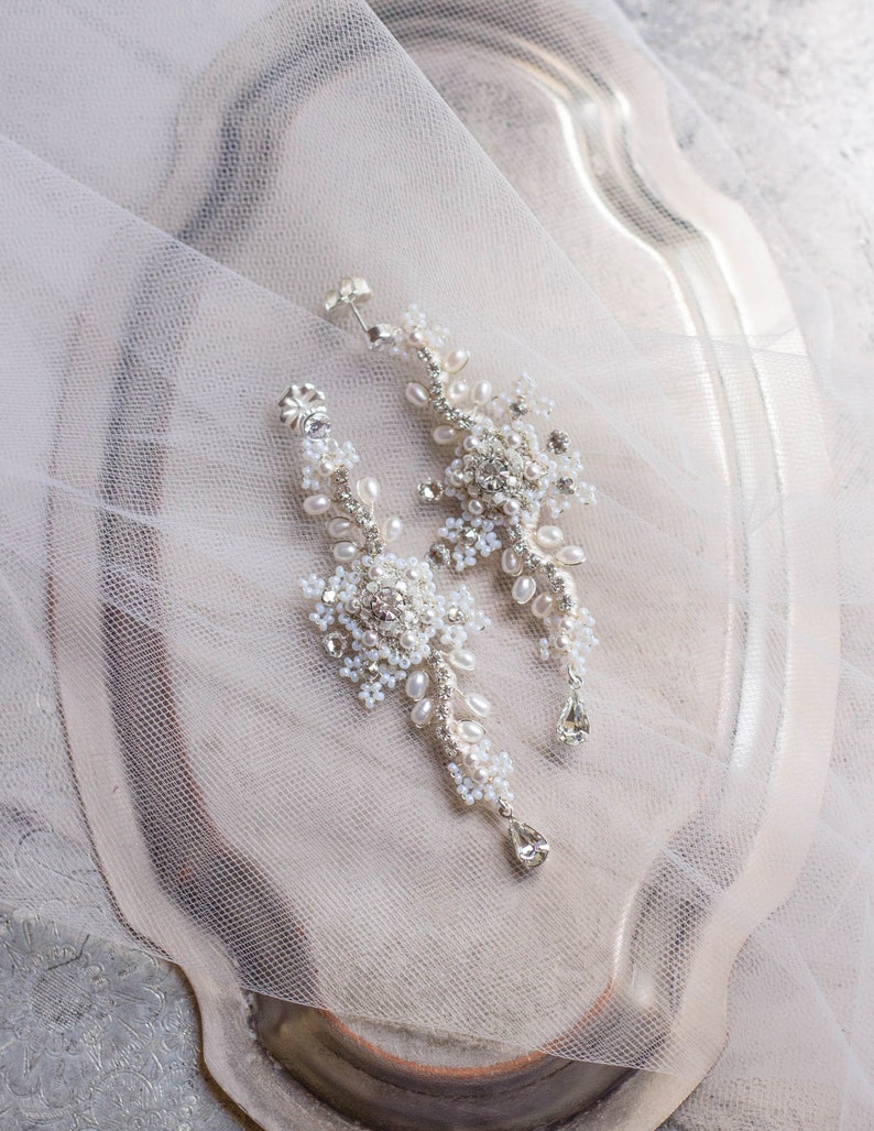 As Seen on Reign Long Statement Wedding Earrings Pearl & Crystal Bridal Dangle Drop Earrings Vintage Inspired Delphinium image 1