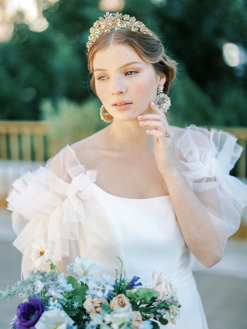 Gold Floral Wedding Tiara Bridgerton-Inspired Bridal Crown Regencycore Headpiece Something Blue Bridal Hair Accessory HYACINTHE image 1