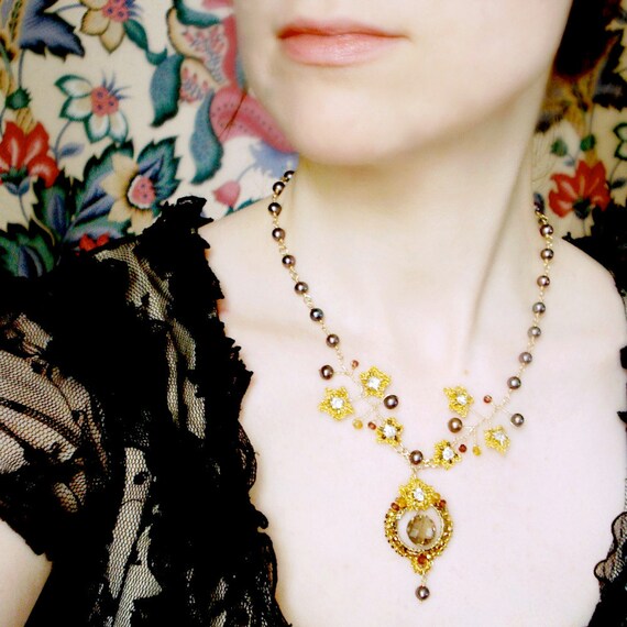 Items similar to Gold Wedding Statement Necklace / Chocolate Brown