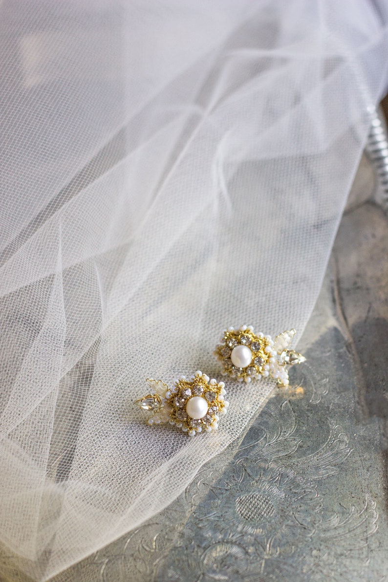 Pearl Crystal Wedding Stud Earrings Vintage Style Climber Earrings for Bride Silver Bridal Studs Pearl & Crystal Wedding Jewelry image 6