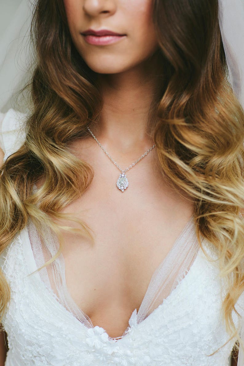 Crystal Wedding Necklace Teardrop Pendant Chain Necklace for Bride Delicate Wedding Jewelry Vintage Style Bridal Jewelry Trevi image 3