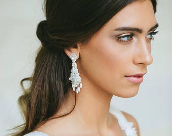 Pearl Wedding Chandelier Earrings | Statement Earrings for Brides | Teardrop Bridal Earrings | Silver Wedding Earrings | Boho Chandeliers