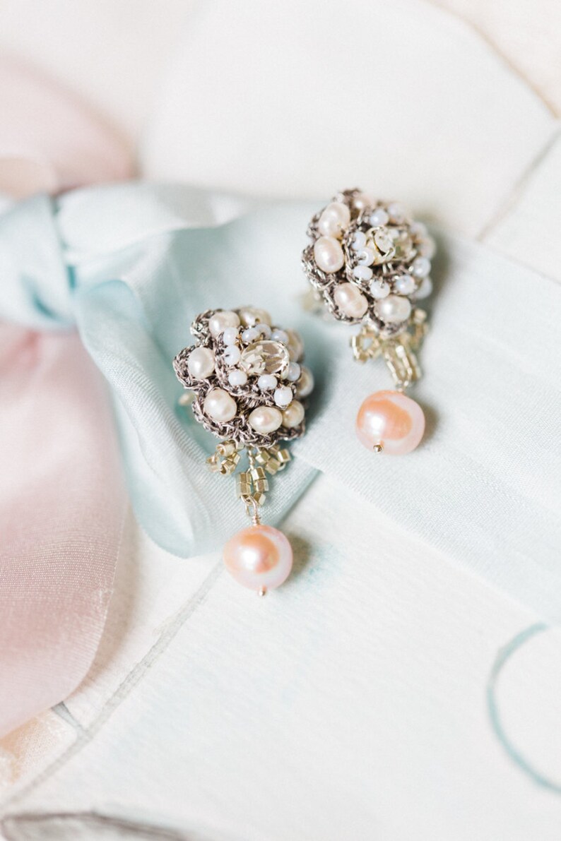 Small Bridal Stud Earrings Blush Pearl & Lace Wedding Drop Etsy