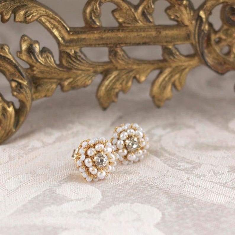 Wedding Pearl Post Earrings / Lace Bridal Jewelry / Ivory Pearls, Vintage Rhinestones / Matilda Gold