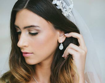Teardrop Wedding Stud Earrings | Vintage Crystal Earrings for Brides | Small Silver, Pearl & Crystal Wedding Jewelry | Bridal Earrings