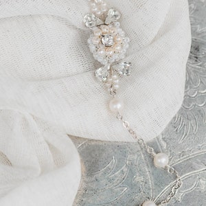 Pearl Wedding Necklace Crystal Necklace Y-Necklace Bridal Necklace Silver Wedding Jewelry Rhinestone Teardrop Pendant Camellia Silver