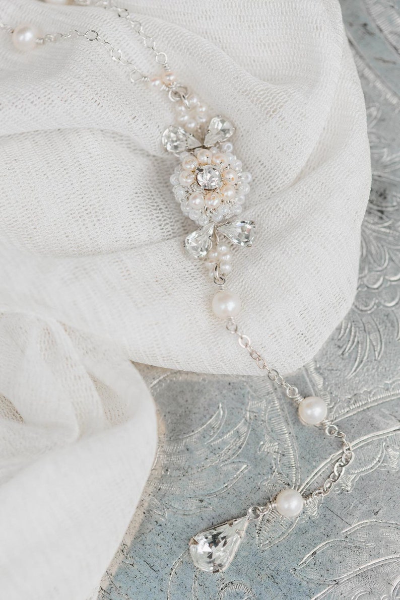 Pearl Wedding Necklace Crystal Necklace Y-Necklace Bridal Necklace Silver Wedding Jewelry Rhinestone Teardrop Pendant Camellia Silver