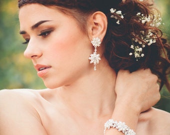 Pearl Crystal Wedding Drop Earrings | White Daisy Posts Studs | Woodland Spring Wedding "Artemisia"