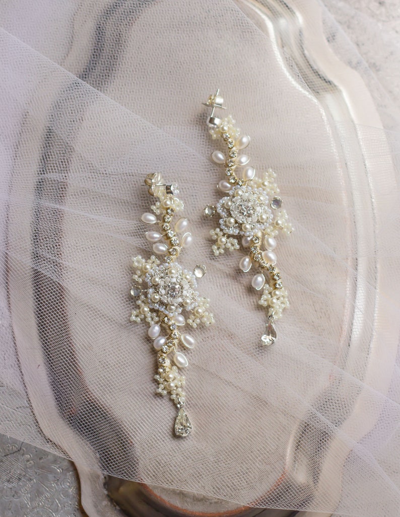 As Seen on Reign Long Statement Wedding Earrings Pearl & Crystal Bridal Dangle Drop Earrings Vintage Inspired Delphinium Cream