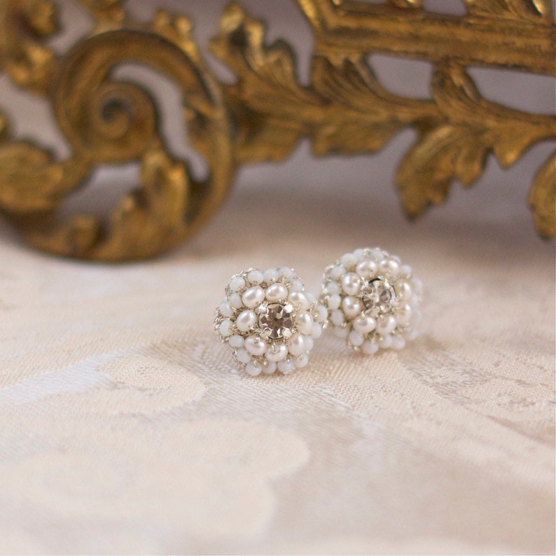 Wedding Pearl Post Earrings / Lace Bridal Jewelry / Ivory Pearls, Vintage Rhinestones / Matilda Silver