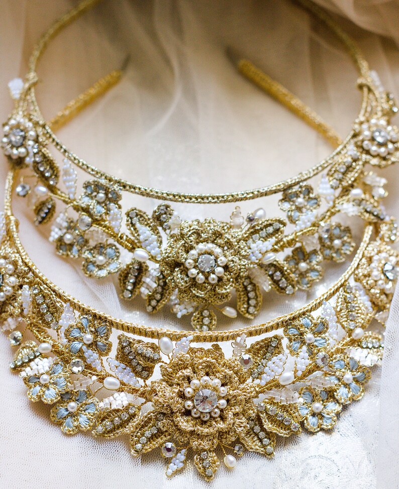 Gold Floral Wedding Tiara Bridgerton-Inspired Bridal Crown Regencycore Headpiece Something Blue Bridal Hair Accessory HYACINTHE image 5