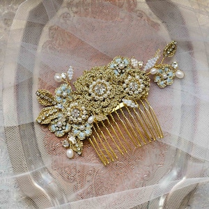 Gold Floral Wedding Comb Lace Bridal Hair Adornment Wedding Headpiece Something Blue Bridal Hair Accessory HYACINTHE image 1