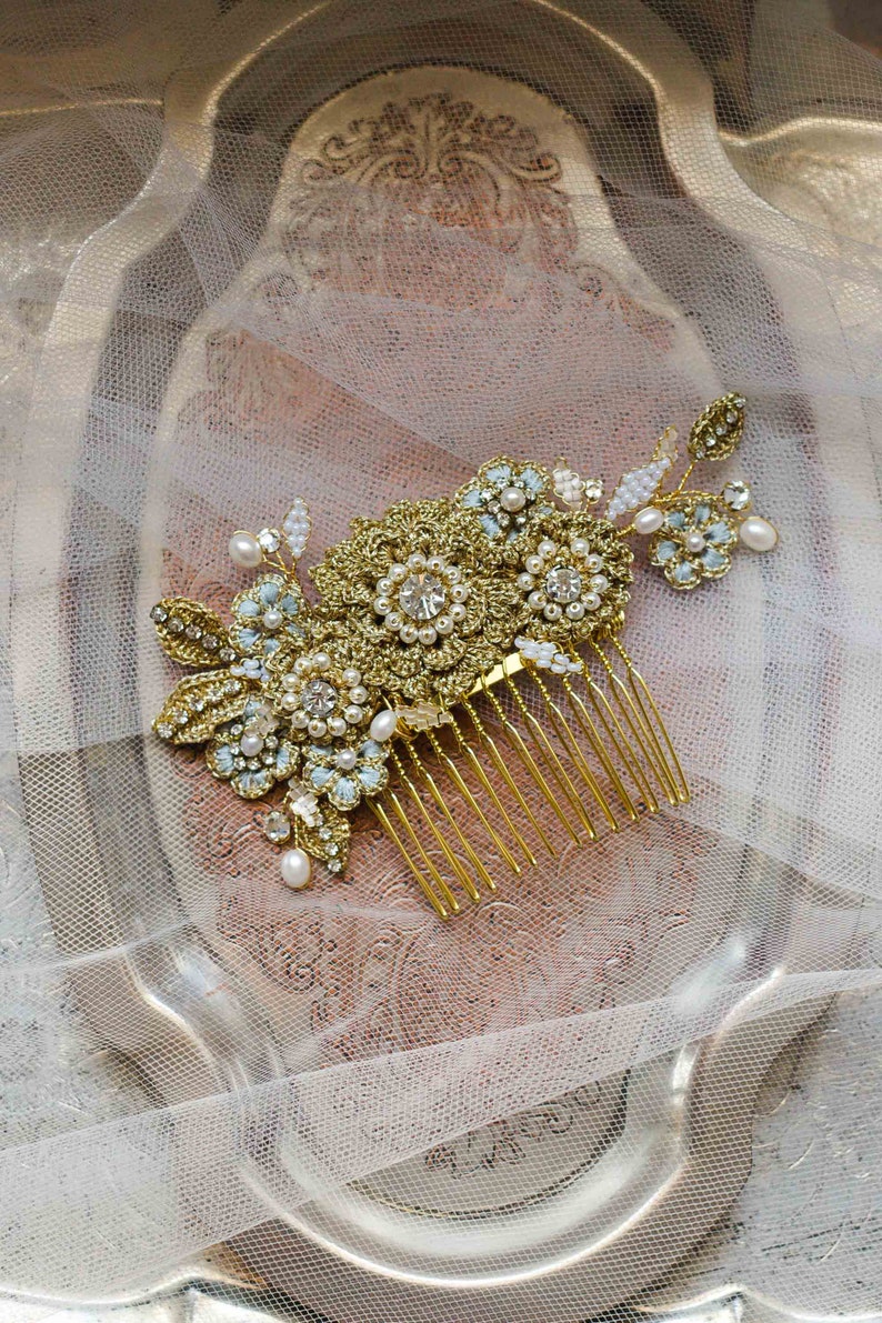 Gold Floral Wedding Comb Lace Bridal Hair Adornment Wedding Headpiece Something Blue Bridal Hair Accessory HYACINTHE image 1