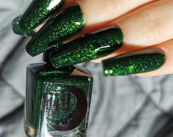 Indie Nail Polish - Stay Out of The Forest- Dark Green Iridescent Multichrome Flakie Polish with holographic and black micro glitter