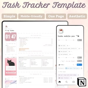 Puede incluir: Plantilla digital de seguimiento de tareas que se muestra en una tableta y un teléfono. La plantilla presenta un diseño minimalista con una combinación de colores rosa y blanco. El texto incluye "Task Tracker Template", "Simple", "Mobile-friendly", "One Page" y "Aesthetic".