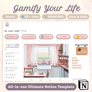 Könnte beinhalten: Digitales Template mit pixeliger Ästhetik, das eine Küchenszene und Gamification-Elemente zeigt. Der Text "Gamify Your Life" und "All-in-one Ultimate Notion Template" werden angezeigt. Enthält Symbole für Quests, XP, Münzen, Monster, Statistiken und Fähigkeiten.