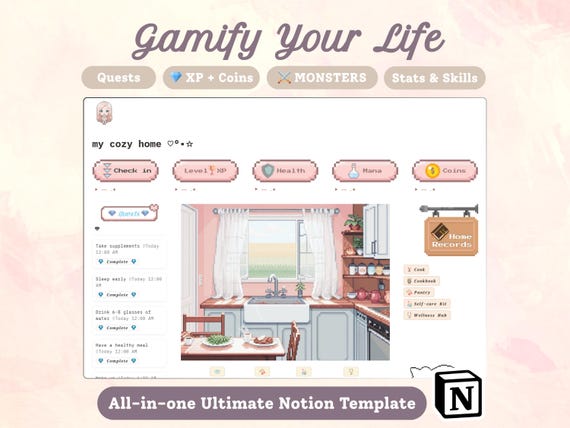 Gamify Your Life Planner Notion Template | with Personal Finance, Habits, Meal Planners & more!