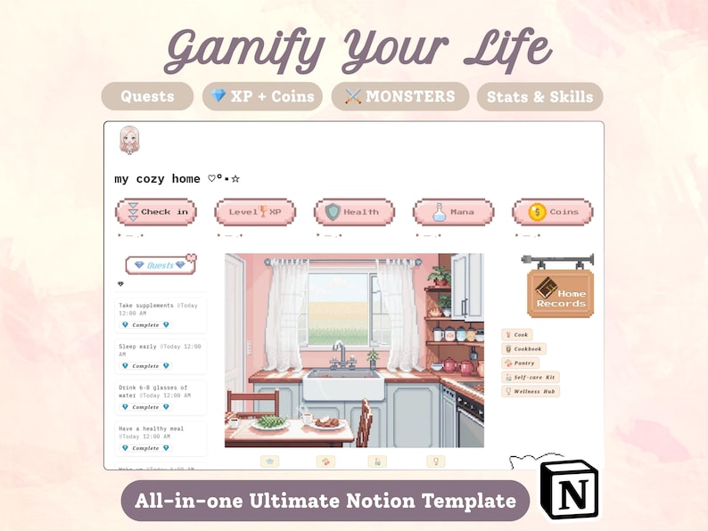 May include: Digital template with a pixelated aesthetic, featuring a kitchen scene and gamification elements. The text "Gamify Your Life" and "All-in-one Ultimate Notion Template" are displayed. Includes icons for quests, XP, coins, monsters, stats, and skills.