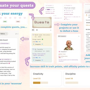 May include: A digital interface with a pastel color scheme, showcasing a gamified task management system. Features include energy levels, quest logs, and progress tracking, with text like "Automate your quests" and "Pick your energy".