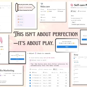 May include: A digital planner with various sections, including "My Pantry," "Skin Care," and "Self-care Products." A pink controller and the text "This isn't about perfection - it's about play" are also visible.