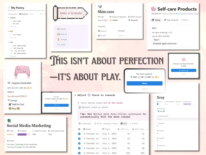 May include: A digital planner with various sections, including "My Pantry," "Skin Care," and "Self-care Products." A pink controller and the text "This isn't about perfection - it's about play" are also visible.