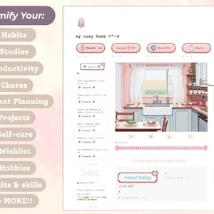 May include: Digital planner interface with a cozy home theme. The interface includes sections for habits, studies, productivity, and more. The design features a pixelated aesthetic with pastel colors and text like "Check in" and "Mood today".