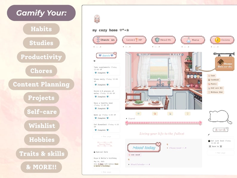 May include: Digital planner interface with a cozy home theme. The interface includes sections for habits, studies, productivity, and more. The design features a pixelated aesthetic with pastel colors and text like "Check in" and "Mood today".