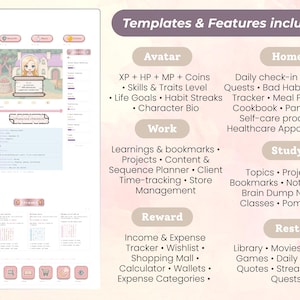May include: Digital planner interface with a pink and white color scheme. Features include avatar, home, work, study, reward, and rest sections. Text highlights templates and features, including income tracking, meal planning, and daily journaling.