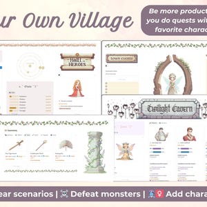 May include: A digital interface with a fantasy theme, featuring illustrations of characters, settings, and text. The words "Your Own Village" are at the top, with the text "Be more productive as you do quests with your favorite characters". The interface includes the text "Clear scenarios | Defeat monsters | Add characters".