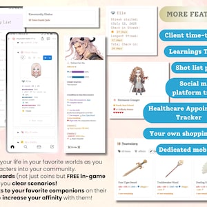 May include: Screenshots of a mobile app interface with character profiles, a daily list, and in-game items. Features include a client time-tracker, learning tracker, and social media platform tracker. Text includes "Daily List" and "Elle".