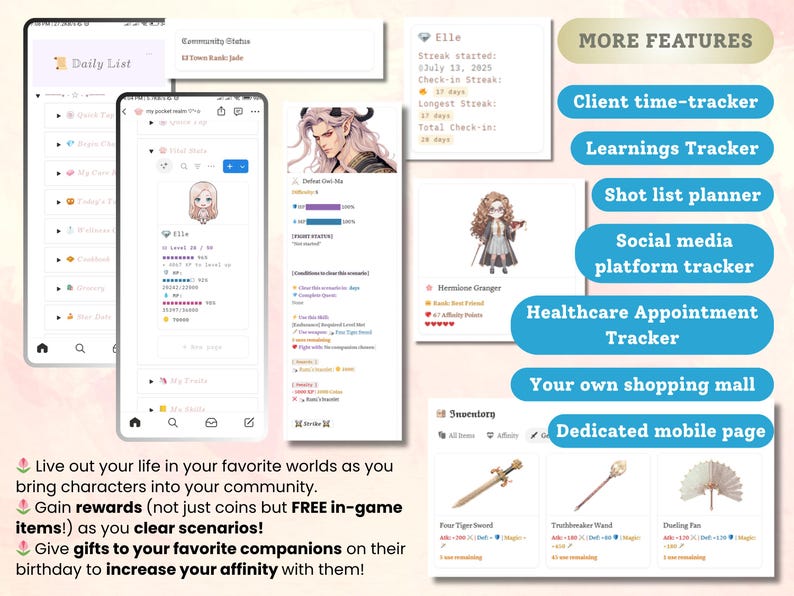 May include: Screenshots of a mobile app interface with character profiles, a daily list, and in-game items. Features include a client time-tracker, learning tracker, and social media platform tracker. Text includes "Daily List" and "Elle".