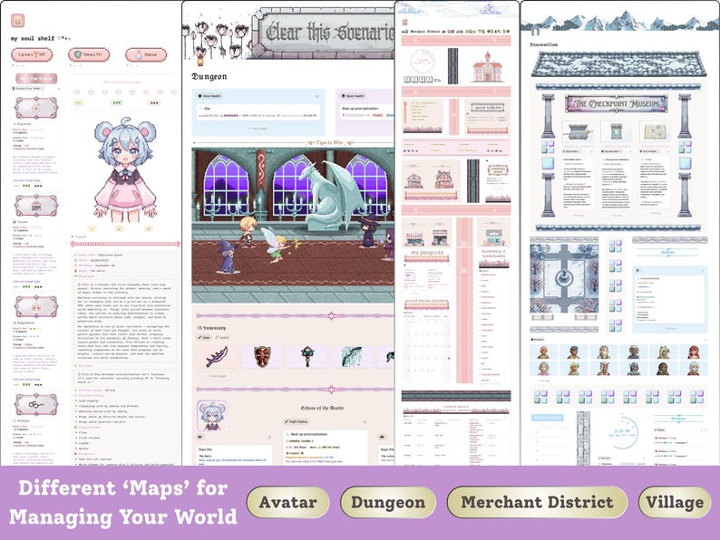 May include: A digital art illustration showcasing different maps for managing a world. The maps include Avatar, Dungeon, Merchant District, and Village, each with unique interfaces and designs. The text "Clear this Scenario" is visible.