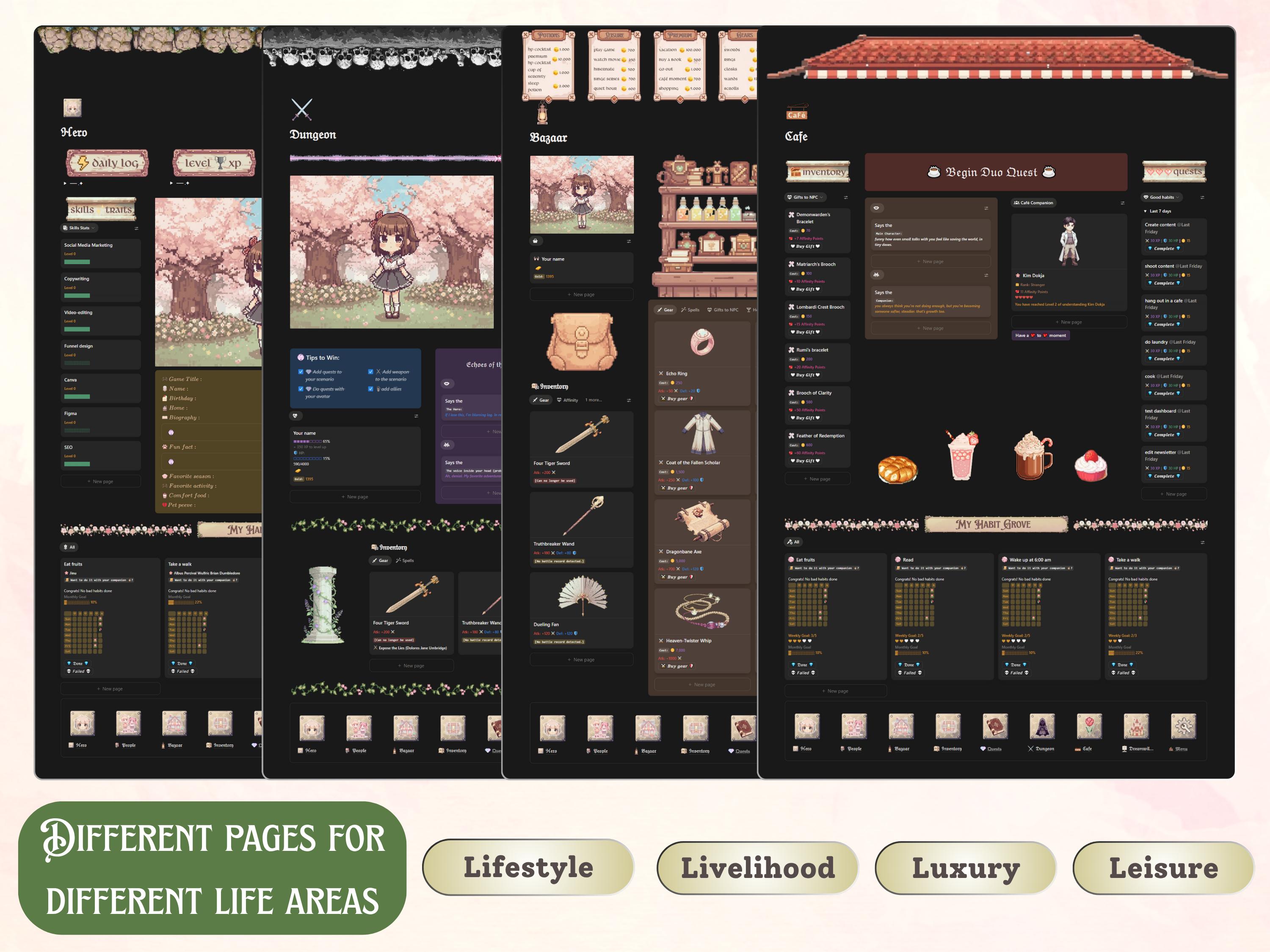 Village Dashboard Gamified Notion Template With Quests, Habit Tracker