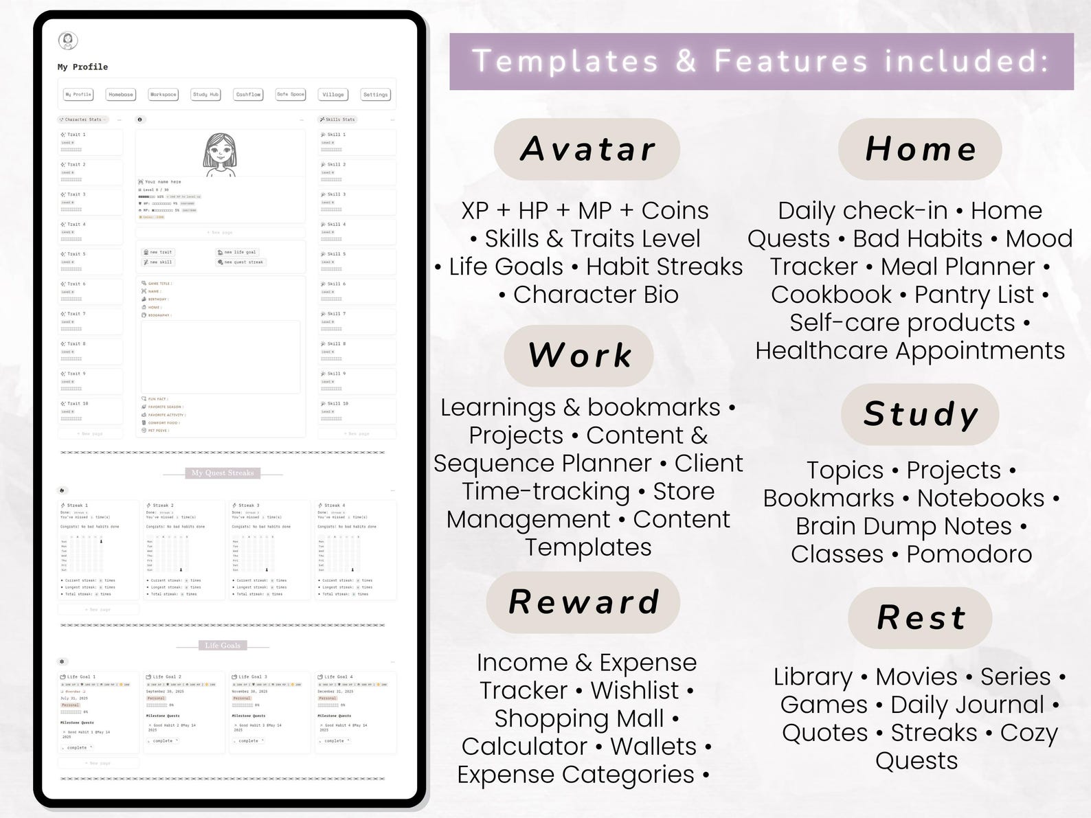 Minimalist Gamified Life Planner Notion Template: RPG Habit Tracker ...