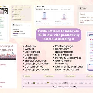 May include: A digital planner interface with various features, including a wishlist, event planning, and note-taking sections. The interface is displayed on a light pink background with text that reads "MORE Features to make you fall in love with productivity instead of dreading it."
