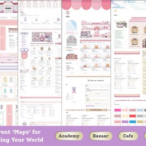 May include: A collection of digital interface designs with a soft pink and white color scheme. The designs include elements like an academy, bazaar, cafe, and home interface, with various icons and text.