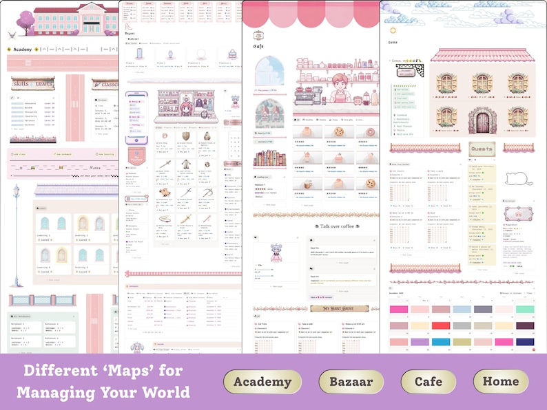 May include: A collection of digital interface designs with a soft pink and white color scheme. The designs include elements like an academy, bazaar, cafe, and home interface, with various icons and text.