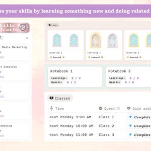 May include: A digital interface with the text "Increase your skills by learning something new and doing related quests." The interface displays learning modules, class schedules, and skill levels for topics like social media marketing and video editing.